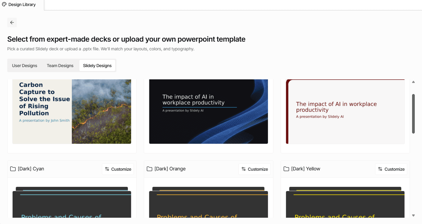 Slidely AI layout previews from a PowerPoint design source