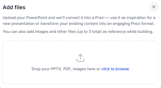 Prezi’s upload screen offers PPTX, PDF and image references.