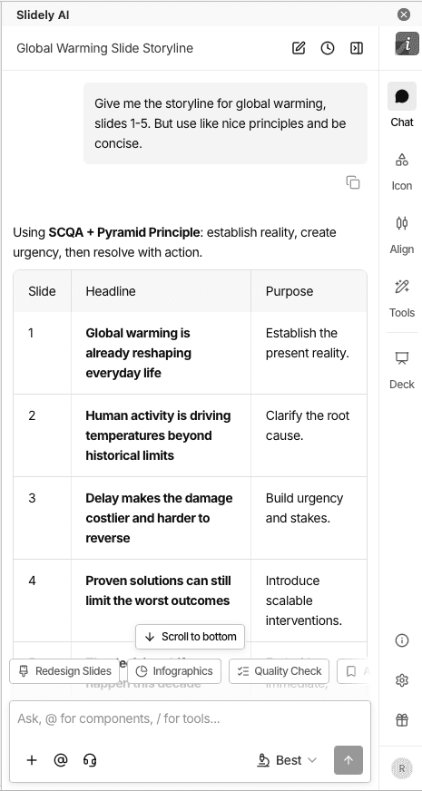 Slidely’s planning view pairs each proposed slide headline with its purpose.