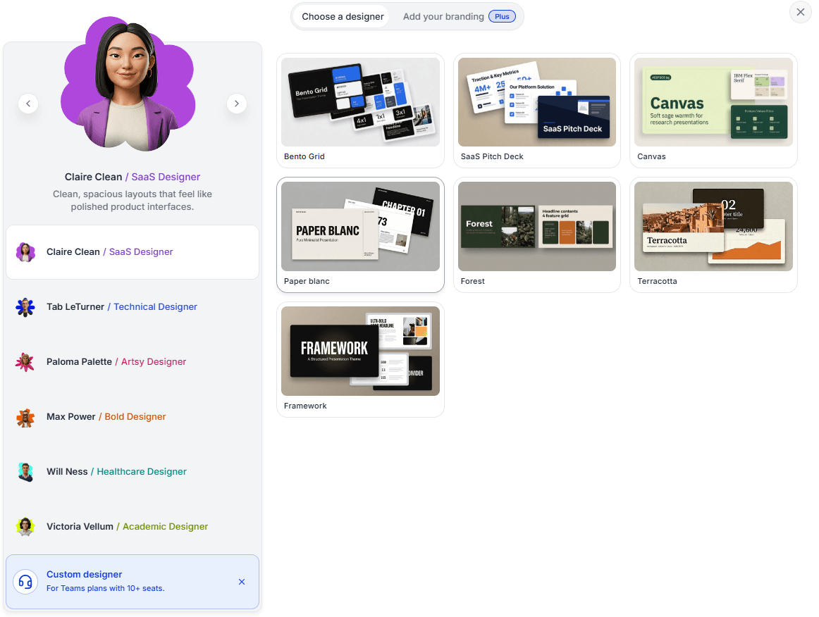 Prezi’s designer picker offers several visual directions and themes.