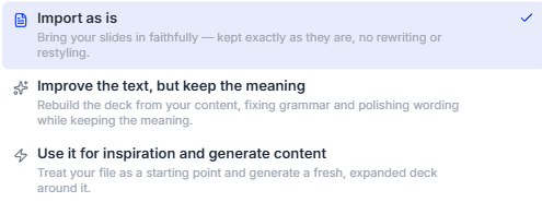 Prezi separates preserving imported slides from rewriting or reinterpreting them.