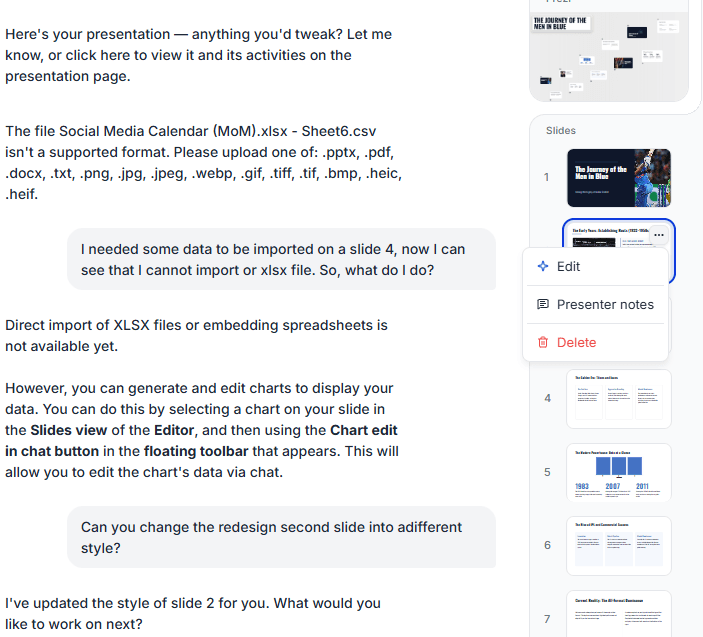Prezi confirms a requested change to slide two; the capture shows the conversation, not a before-and-after result.
