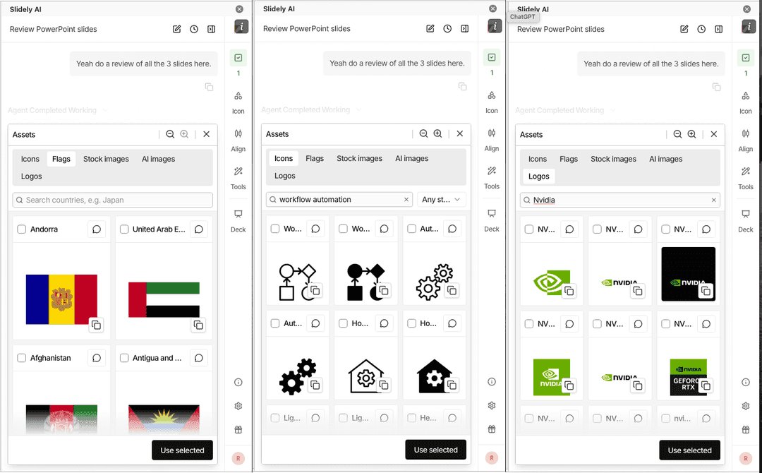 Slidely’s asset panel provides flags, icons and logos while working in PowerPoint.
