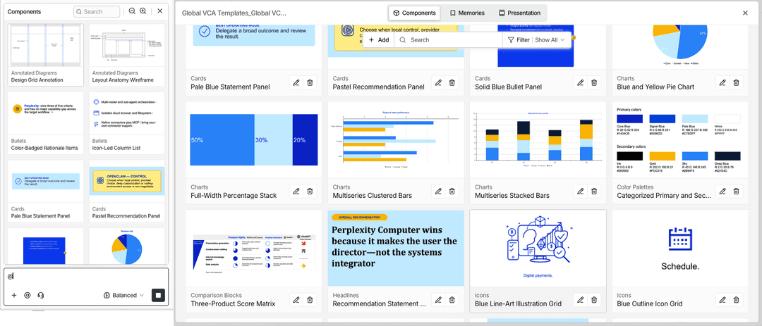 Slidely’s component library shows reusable visual patterns from presentation work.